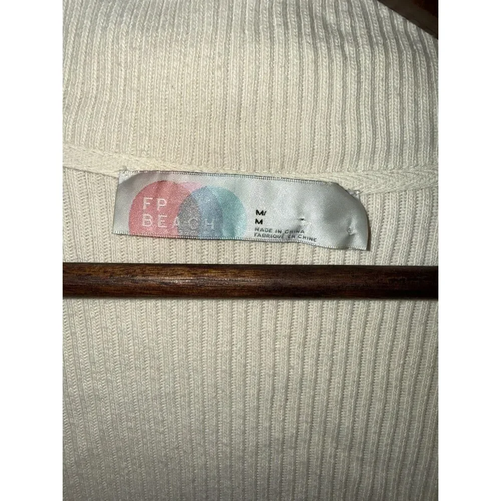 Free People FP Beach Cream Ribbed Cropped Collared Plunge Long Sleeve Top M